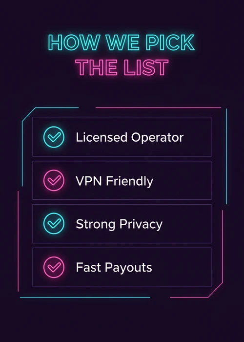 How we pick the VPN casino list — licensed operator, VPN friendly, strong privacy and fast payouts.