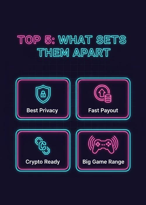 What sets the top 5 VPN casinos apart — best privacy, fast payout, crypto-ready and big game range.