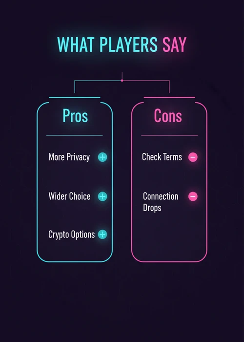 What players say about VPN casinos — pros of more privacy, wider choice and crypto options versus checking terms and connection drops.