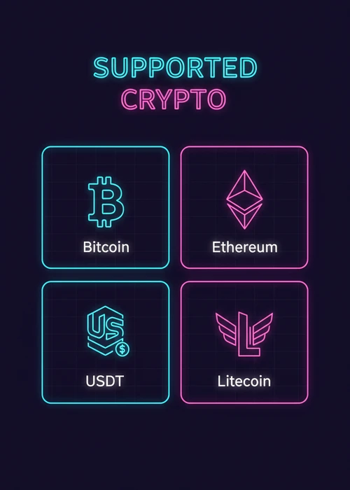 Supported crypto at VPN casinos — Bitcoin, Ethereum, USDT and Litecoin shown as icon tiles.