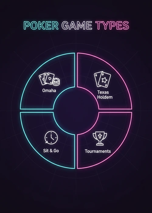 Poker game types at a VPN casino — Texas Holdem, Omaha, Sit & Go and tournaments in a segmented ring.